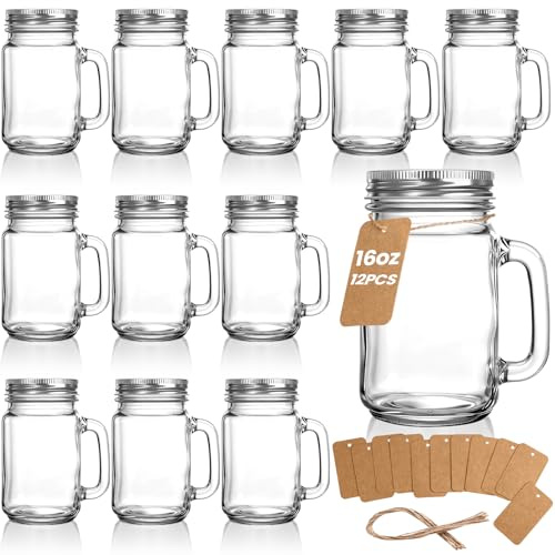 Jeffbaubl 12 Stück Mason Jar Trinkglas mit Deckel, 450 Ml/16 Oz | Glasbecher mit Henkel, Einmachgläser Wiederverwendbar Trinkgläser for Küche, Party, Smoothie, Eiskaffee, Luftdicht