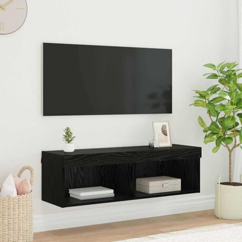 QJBSAVVA Panama 100 cm Floating TV Wall Cabinet Black Oak Engineered Wood LED Shelf Unit Modern Storage for Living Room Bedroom