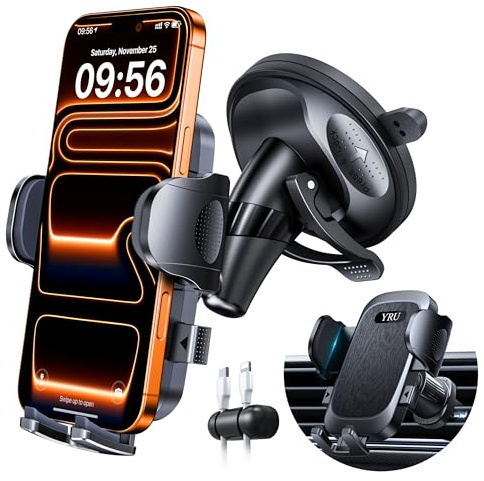 YRU 2026 BEST Car Phone Holder Mount 【Military-Grade Anti-Shake & 360° Rotatable Suction】【90+LBS Safest Strongest & Patent Certs 】 Windscreen Dashboard Vent for iPhone 17 Pro Max 16 15 Samsung, Black
