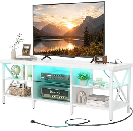 iSunirm TV-Schrank 140 cm Blanco con iluminación LED y estación de carga | Mueble bajo para televisión hasta 55 pulgadas | Mueble bajo para televisor blanco con estante de vidrio para sala de estar y