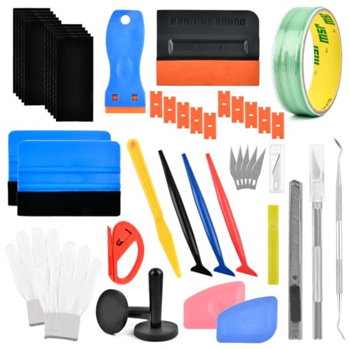 53 Pezzi per Wrapping Auto Set di Strumenti per Pellicola Auto Kit Applicazione Pellicola Nastro Senza Lama 5M, Raschietto, Raclette in Feltro, Nastro in Teflon, Strumenti per Applicazione Pellicola