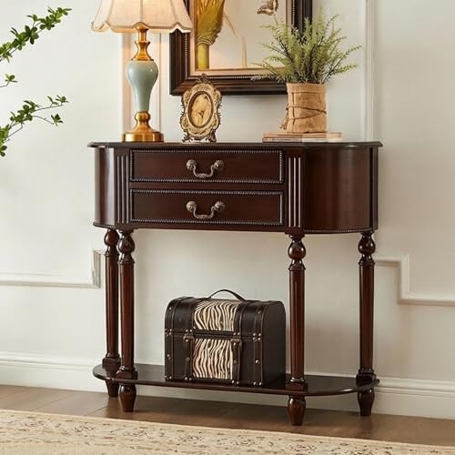 Table Console Demi-lune en Bois Massif avec 2 Tiroirs de Rangement, Table de Canapé Demi-Cercle, Incurvée Sculptures Noyer pour Salon et Couloir(Dark walnut,80*30*90cm/31.5*11.8*35.4in)