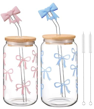 YIPFEN Bicchiere di Vetro con Cannuccia, Set da 2 Rosa e Blu con Fiocco, Include Cannucce Riutilizzabili, Spazzola e Custodie, Design Sicuro e Igienico, Facile Pulizia per Succhi, Home Bar e Regali