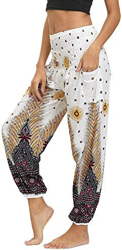 Nuofengkudu Damen Hippie Hosen mit Taschen Haremshosen Leichte Boho Muster Bunt High Waist Yogahosen Sommer Lockere Umstandshose Freizeithose (Weißer Pfau,One Size)