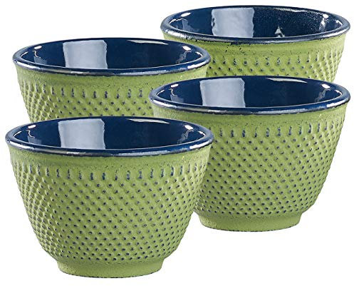 Rosenstein & Söhne Becher: 4er-Set asiatische Teebecher aus Gusseisen und Emaille, olivgrün (Teecups, Teeschalen Matcha, Isolierbecher)