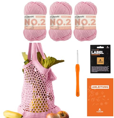 myboshi Häkelset Einkaufstasche noplasticbag, inkl. No.2 Wolle, Nadel und Anleitung, Häkelpaket, 85% Baumwolle, 15% Kapok Rosa mit Häkelnadel