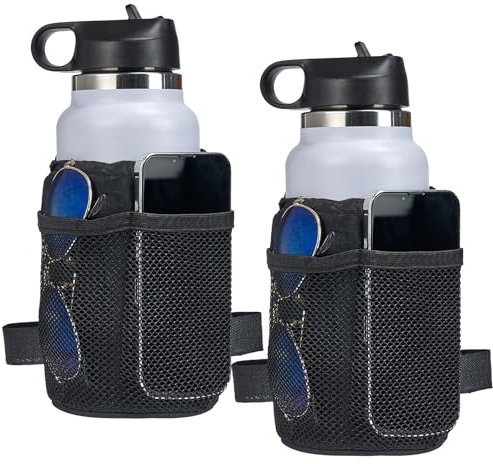 kemimoto Bike Cup Holder, Bike Water Bottle Holder Handlebar with Mesh Pockets No Screw Oxford Fabric Bicycle Drink Cup Holder for Mountain Bike Road Kids Bikes e-Bike Cruiser up to 32oz, 2 Pack
