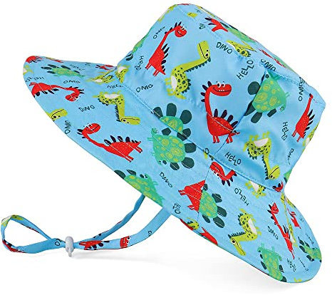 LACOFIA Kleinkind Baby Sonnenhut Kinder Jungen Sommer Mütze UPF 50+ Hut für Strand Schwimmen Schwimmbad Breiter Krempe/Schnell Trocknend Dinosaurier Hellblau 6-24 Monate