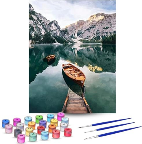 Rubye® Peinture par numéros pour adultes et enfants [Lac et montagnes] - Set de peinture à l'huile sur toile DIY - Incluant pinceaux, chevalet et couleurs - 40 cm x 50 cm [Sans cadre].
