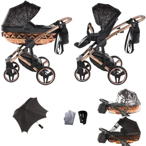 Junama Diamond Heart V3 2in1 3in1 4in1 Kinderwagen Kinderwagen Autositz ISOFIX + Regenschirm Exclusive Kinderwagen (2in1, Black-Copper 02)