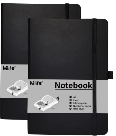 Mlife A5 Journal Notizbuch, 192 Seiten, Hardcover mit elastischem Verschlussband und Falttasche 2 pack (Schwarz)