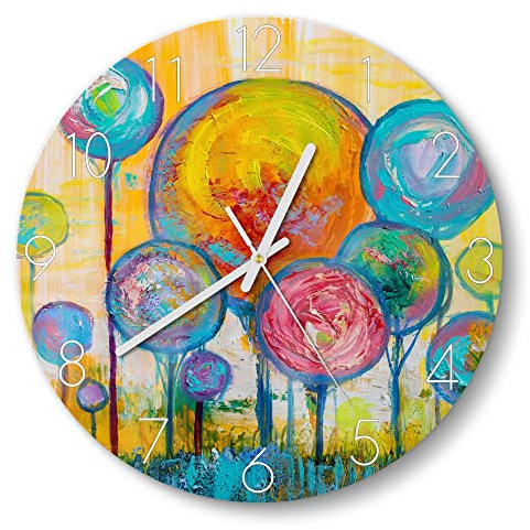 DEQORI Glasuhr | rund Ø 30 cm | Motiv Baumkronen nach Kandinsky | ausgefallene leise Design Uhr aus Glas | Wanduhr für Wohnzimmer & Küche | moderne Hingucker Uhr für die Wand