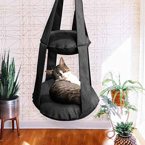 Rucener 2-Stufig Katze Hängematte Katzenschaukel Hängend Bett Katzenhängematte aus Makramee Makramee katzenhängematte Katze Makramee Hängematte Katzenschaukel Katzenschaukeln Zum 50*50*120 CM Schwarz