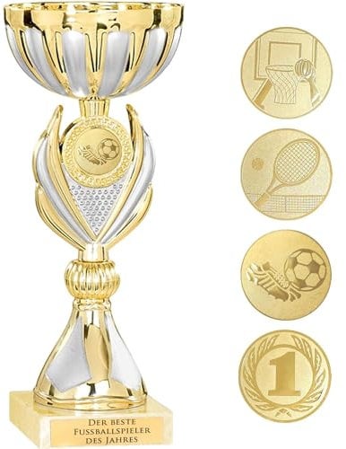 KDO MAGIC Trophée Personnalisable - Coupe personnalisée avec Texte - Gravure - Plusieurs modèles - Or et Argent - Cadeau fête des Pères, Anniversaire, Sport (Modèle Foot)