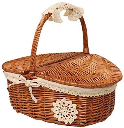 Handgefertigter Picknickkorb aus Weidengeflecht mit Deckel und Holzgriff Zum Einkaufen und Aufbewahren (Wie Gezeigt)