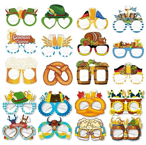 EULAPGOE 20 Stück Oktoberfest Partybrille lustig Papier Brillen Bier Brezel Wurst Oktoberfest Photo Booth fotorequisiten für Kinder Erwachsene Bayrisch Wiesn Kostüm Dekoration Oktoberfest Pa
