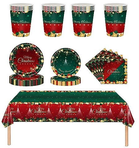 HIMKI Set di 69 stoviglie per feste natalizie, 16 ospiti, piatti di carta, tovaglioli di carta, tovaglioli, tovaglioli, tovaglia di Natale, set di stoviglie per feste