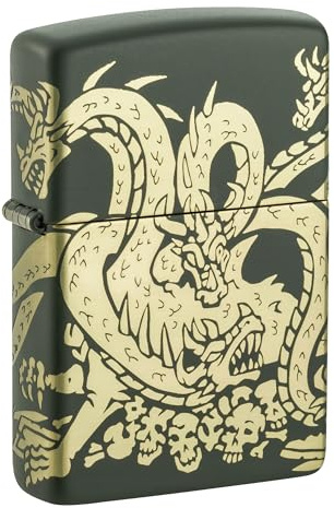 Zippo Windproof Lighter, Dragon Design – Matt Green, Laser 360° – Refillable, Reusable, Windproof Design – Comes in Gift Box – Made in USA