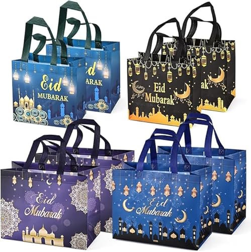 PARSUP 8PCS Eid Mubarak wiederverwendbare Geschenktaschen, Eid Mubarak Party Taschen, Multifunktionale Non-Woven Eid Taschen für Geschenkverpackung, Ramadan Kareem Party Supplies, 23×22×11cm