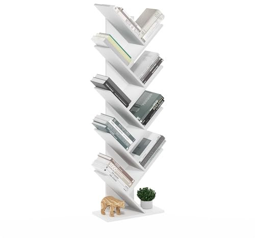 Furinno Tree Bücherregal 9-stufiges, bodenstehendes Baum-Bücherregal, Weiß