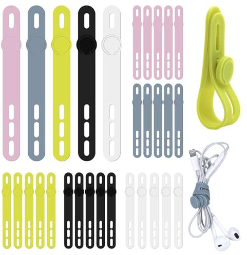30 Pezzi Fascette Riutilizzabili Fascetta Cavi in Silicone Fascia Elastica per Cavo in Silicone Fascette in Silicone Multifunzionale per Casa Cucina Ufficio Scuola (5 Colori)