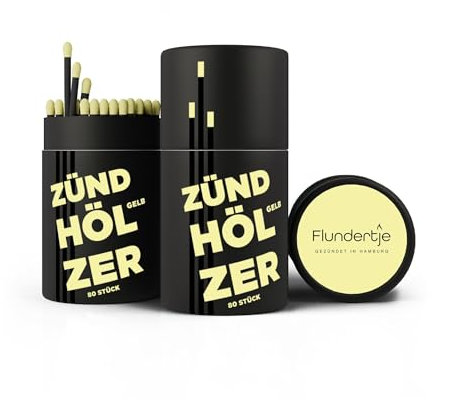 Flundertje Streichhölzer aus Hamburg - lang, 10cm, farbig - große Zündhölzer zum Anzünden von Kerzen oder als Kaminanzünder - schöne Streichholzschachtel als Dekoration oder Geschenk (Gelb)