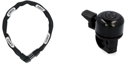 ABUS Kettenschloss Tresor 1385 – Zahlenschloss aus gehärtetem Stahl – 7 mm starke Vierkantkette – ABUS-Sicherheitslevel 7 – 110 cm – Schwarz & FISCHER Mini Fahrradglocke, schwarz, One Size