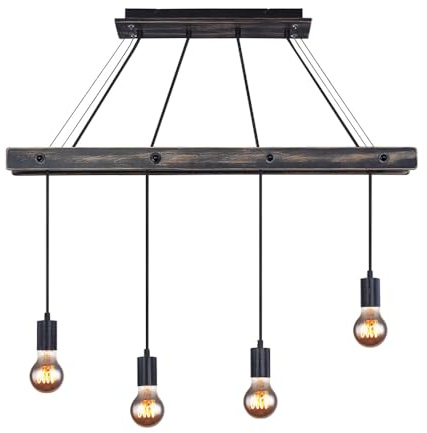 Decken Pendelleuchte aus Holz 4 flammig Hängeleuchte schwarz matt Esstischleuchte, 4x E27, LxBxH 90x9x120cm, Wohnzimmer Esszimmer