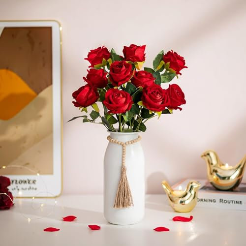 Sziqiqi Blanc Vase en Métal: 23 cm Bohèmes Vases avec Cordes de Perles pour Pampas Grand Vase Rustique pour Table Décoration Vase Cylindrique Mat pour Fleurs Artificielles Roses Rameaux