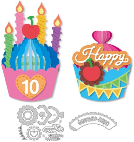 DELORIGIN 3D Birthday Cup Cake Cutting Dies Desserts Carbon Steel Die Cuts for Card Making Embossing Tool Scrapbooking Stencils Template for DIY Crafts Album Paper Greeting Card Gift Decor