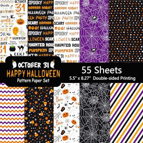 Morcheiong 55 Blatt Halloween-Muster, dekoratives Papier, doppelseitig, für Kartenherstellung, Scrapbooking, Fotoalbum, Dekoration, 10 Designs (lila, 14 x 21 cm)