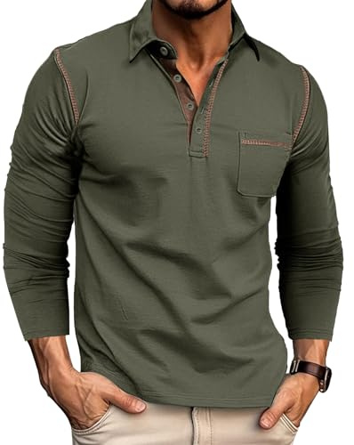 Rodawu Mens Long Sleeve Polo Shirts Cotton Polo T-Shirts Golf Tops Grandad T Shirt