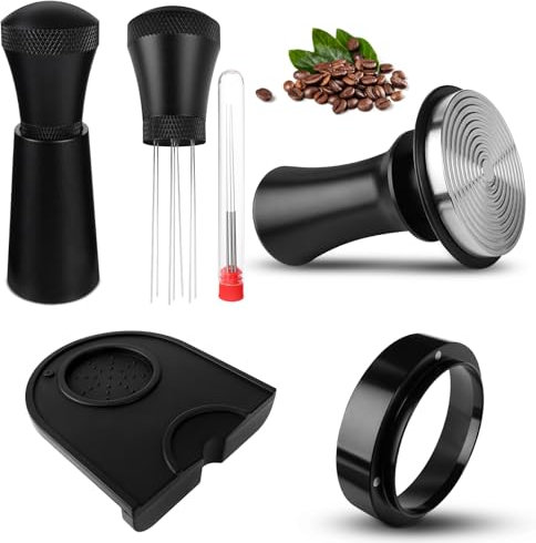 Kaffee Tamper 54mm, Tamper Set inkl. WDT Tool, Dosierring 54mm,Tampermatte - Premium Barista Zubehör - Tamper-Base Ripple & Espresso Tamper aus Edelstahl mit Druckregulierender 15lb / 25lb /30lbs