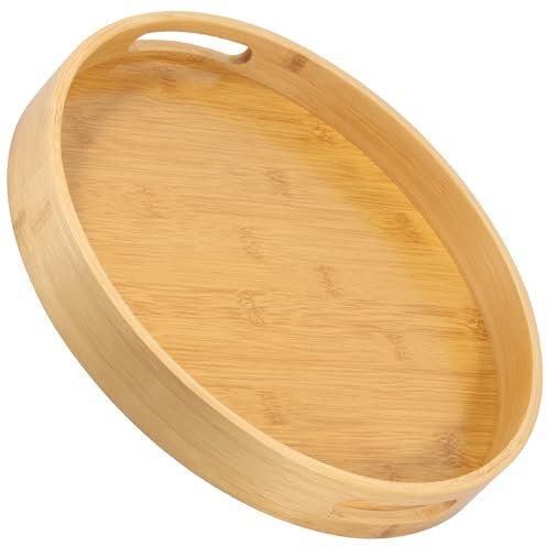 Bamboo Serving Tray, 35cm Round Wooden Serving Tray with Handles and Raised Edge, Food Snack Tray Tea Serving Plate for Living Room Kitchen Coffee Table(35x35x5cm)