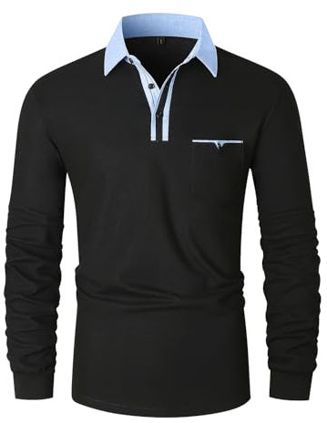 VMSUCIJ Men's Polo Long Sleeve Denim Patchwork Collar Cotton Golf T-Shirt with Real Pocket,Black 43,XL
