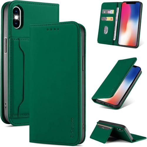 S. Dawezo Handyhülle für iPhone XS Max Hülle,Premium Leder Klappbare Flip Case [Stoßfeste][Magnetische][Standfunktion] [Kartenfächern] Tasche Schutzhülle für iPhone XS Max-Grün