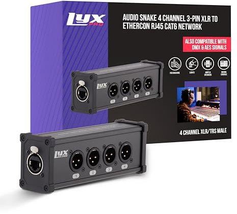 LyxPro 4 Channel Dual Input 3-Pin Multi-Network XLR Cable Breakout for Stage Sound, Lighting, and Recording Studio - Male to RJ45 Ethercon – Ideal for Sound, Lighting Setup, Ground Lift