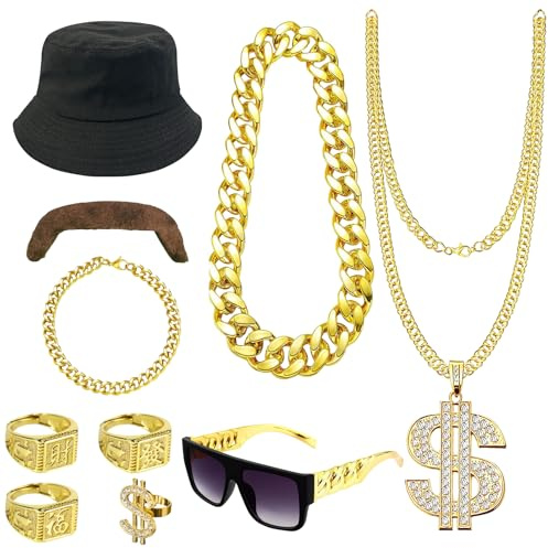 Dollar Kette Set, Zuhälter Kostüm, Hip Hop Kostüm Kit,Goldkette Herren, Dollar Zeichen Halskette Ringe Sonnenbrille Goldkette, Goldkette Fasching, Hiphop Schmuck für 80s/90s Fasching Karneval Party