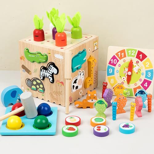 DXIA Aktivitätswürfel aus Holz, 8 in 1 Montessori Lernspielzeug Spielzeug, Holzspielzeug Motorikwürfel, Frühe Entwicklung & Aktivität Spielzeug, Motorikwürfel Holz für Kinder im Alter von 3+