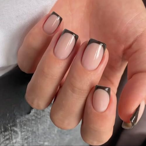 KQueenest 30 Pcs Brown French Tip Press on Nails Short Square, French Tip False Nails Short Coffin, Custom Thick Acrylic Fake Nails Set Natural Nude Gel Stick on Nail for Women Daily Wear