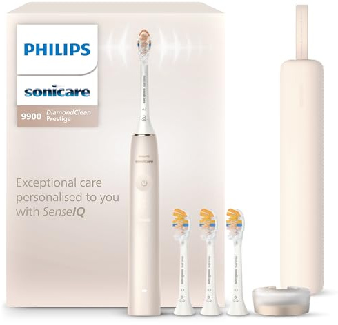 Philips Sonicare DiamondClean 9900 Prestige elektrische Zahnbürste, mit SenseIQ Technologie und App, 5 Putzmodi, 3 Intensitätsstufen, Reiseladeetui, champagner, Modell HX9992/44