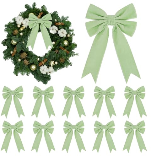 KKSTY 10 Pcs Velvet Ribbon Bow, 5x7inches Vintage Velvet Bows Ornaments for Christmas Tree Garland Wreath Gift Wrapping Indoor Outdoor Holiday Wedding Party Decoration (Sage Green)