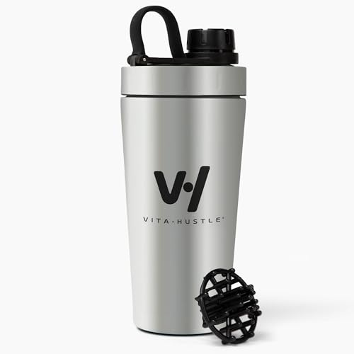 VitaHustle Shaker en acier inoxydable avec bouchon à visser, anti-fuite, boule de mélange, parfait pour les milkshakes protéinés ou après l'entraînement, compatible avec porte-gobelet de voiture, sans
