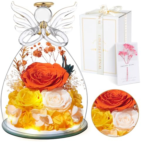 Touloube Rosa Stabilizzata Vera Regalo Donna, Rosa Eterna con Angelo di Vetro per Mamma, Idee Fiore Regalo Anniversario Regali Natale San Valentino Festa della Mamma per Lei Nonna Fidanzata