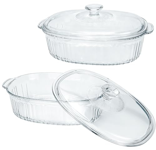 2 Pack Glass Casserole Dishes with Lids for Oven Microwave and Freezer Deep Lasagne Dish with Handle Non Stick Borosilicate Glass Baking Tray for Serving Cooking, 1.9 Qt and 3 Qt