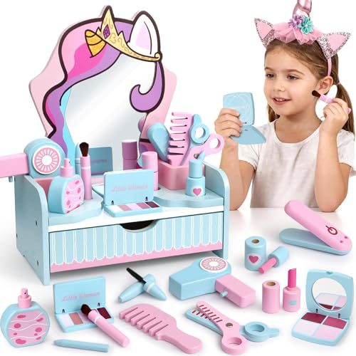 Einhorn Schminktisch für Mädchen Holz Kinderschminke Set Kinder Schminke Frisiertisch & Friseur Set, Schminkkoffer Holzspielzeug Weihnachten Geburtstags Einhorn Geschenk für Mädche 3 4 5 6 7