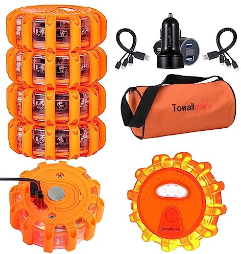 Towallmark 6 StüCk Warnleuchte, Rundumleuchte Led Mit 9 Blinkmodi, Kommt Mit Usb-Autoladegerät Und 3-In-1-Ladekabel (Kann 3 Rundumleuchte Led Gleichzeitig Laden)