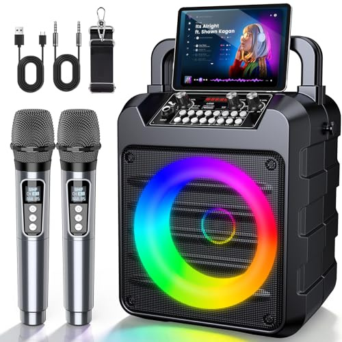 Dislocati Karaoke Machine with 2 Wireless Microphones: Portable Bluetooth Speaker for Adults & Kids - PA System with Lights Supports TF Card/USB/AUX for Home Party-Stage Monitors