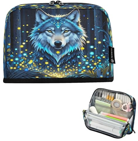 Nexawaveo Federmäppchen mit großem Fassungsvermögen, 21,1 x 15 cm, Mystical Blue Wolf Glade, Stifteetui für Schule, Büro, Reisen