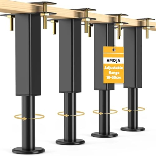 AMOJA Lot de 4 Pieds de Lit Réglables 18-30 cm,Métal Pied Sommier à Lattes | 450 kg de Charge, en Acier Robuste avec Base Antidérapante, Stabilité Renforcée et Protection du Sol pour Lit et Sommier